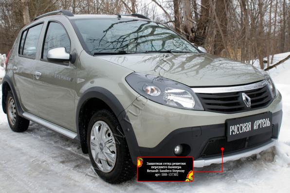 Защитная сетка переднего бампера Renault Sandero Stepway 2009-2013 шагрень